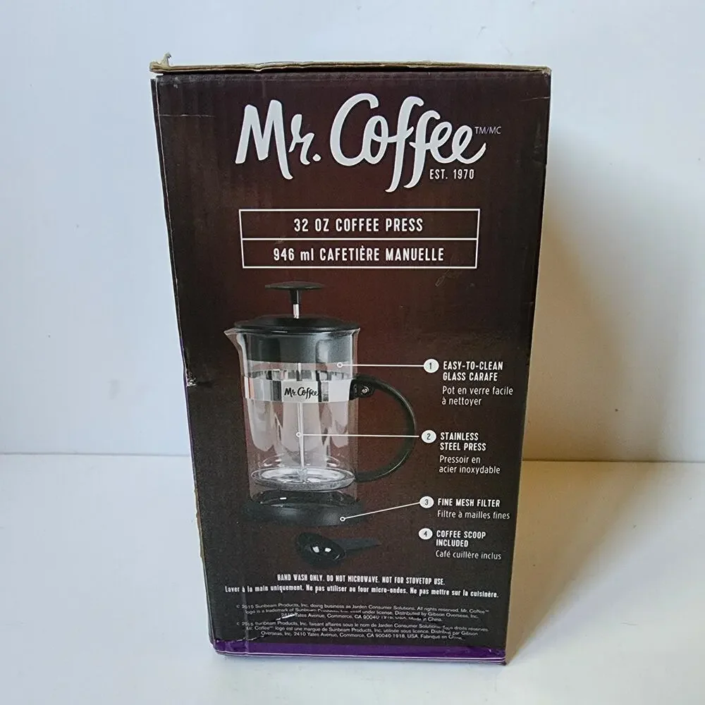 Mr Coffee French Press 32 oz 946 ml Black Glass Stainless Steel Scoop Open Box